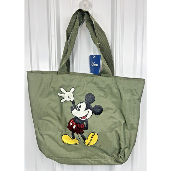 Disney Handbags - Disney Mickey Mouse Green Shoulder Tote Bag Red Sequins Vinyl‎ Nylon